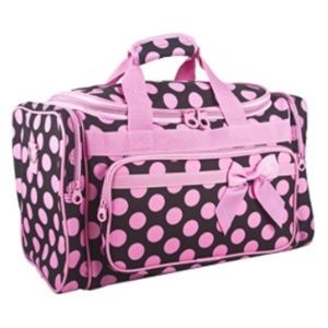 Brown and pink polka dot duffel bag